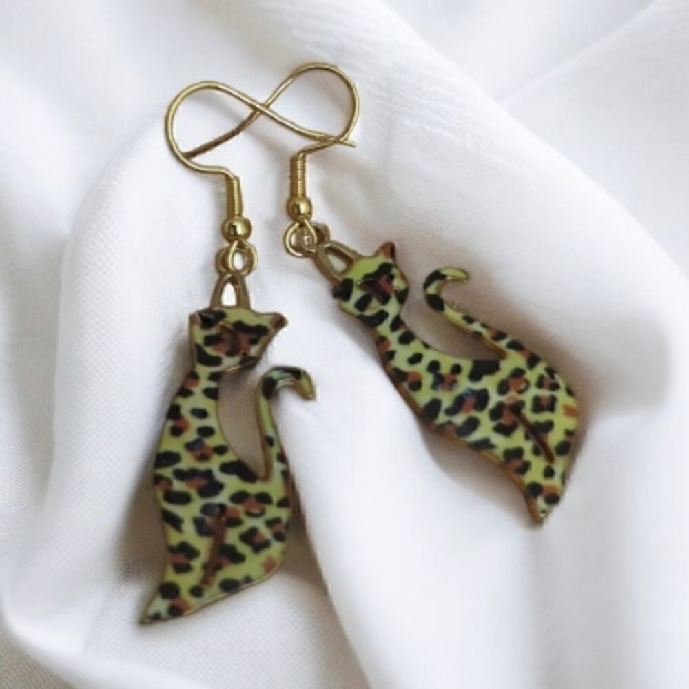 Cat Cheetah Bengal Leopard Print Pattern Kitty Earrings - Picture 7 of 7